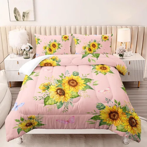 Miniatura 8 de Nttopship Juego de edredón rosa con girasol, tamaño completo para mujeres adultas, juego de ropa de cama floral de mariposa de 3 piezas, edredones