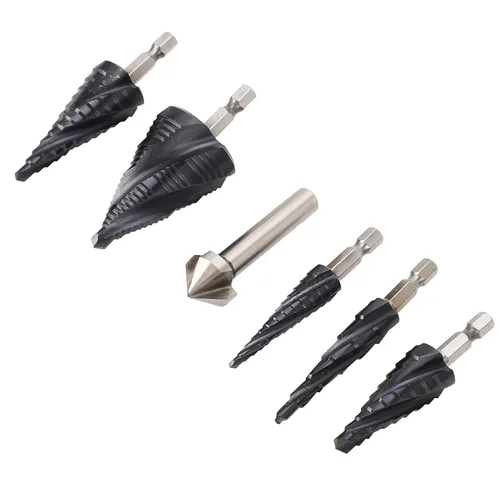 Miniatura 8 de Juego de brocas escalonadas, 4 flautas, vástago de 1/4 pulgadas, M35, cobalto, Pagoda para metal duro de acero inoxidable