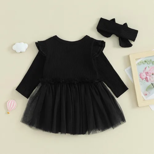 Miniatura 5 de Maemukilabe Infant Newborn Baby Girl Ruffle Sleeve Dress Romper 2Pcs Tulle Bodysuit Headband Set Christmas Halloween Clothes