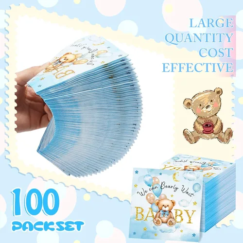 Miniatura 3 de Crtiin 100 servilletas de baby shower con texto en inglés «We Can Bearly Wait», decoraciones de baby shower para niños, servilletas de regalo