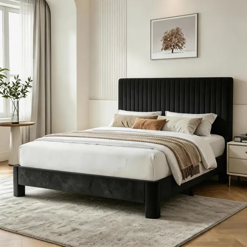 Vipbear Base de cama de tamaño matrimonial con heaboard, marco de cama tapizado de terciopelo de lujo con soporte de listones de madera, bajo y