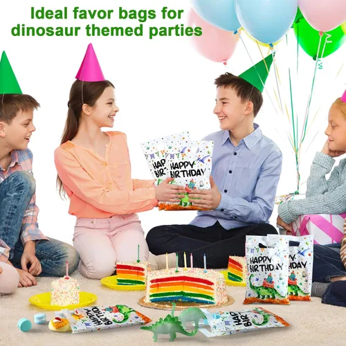 Miniatura 6 de Colarr 50 bolsas de plástico para recuerdos de fiesta de dinosaurios, bolsas de regalo de dinosaurio, bolsas de cumpleaños de dinosaurios con asa