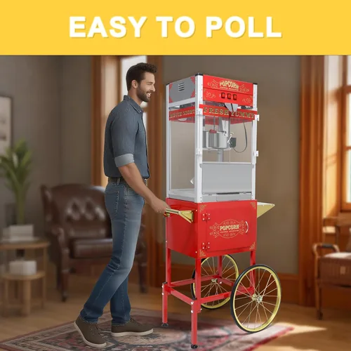Miniatura 7 de Máquina comercial de palomitas de maíz con carrito y ruedas, máquina para hacer palomitas de maíz con hervidor de acero inoxidable de 22 onzas, Rojo