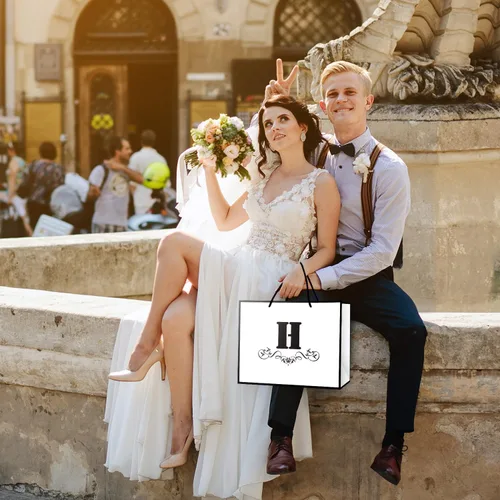 Miniatura 8 de ysmile Bolsa de regalo de letras con papel de seda para hombres, bolsa grande de 12 pulgadas, color blanco y negro, para cumpleaños, aniversario
