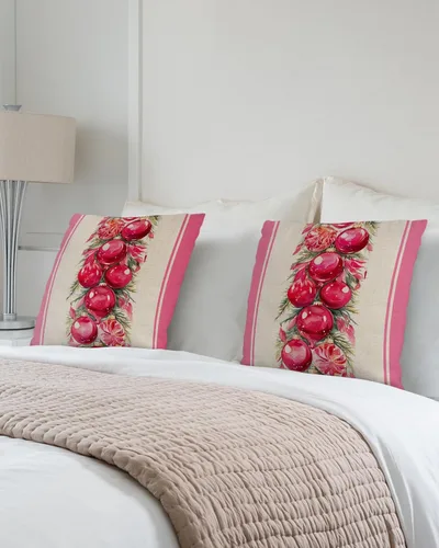 Miniatura 3 de Paquete de 2 fundas de almohada de algodón, diseño de bolas rosas de Feliz Navidad, cuadradas, suaves, decorativas, para sala de estar, dormitorio