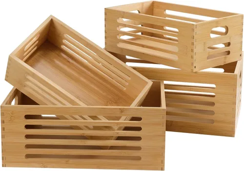 Miniatura 12 de ANMINY Juego de 4 cajas de madera anidables para almacenamiento, contenedores de almacenamiento de madera de bambú, cajas de almacenamiento