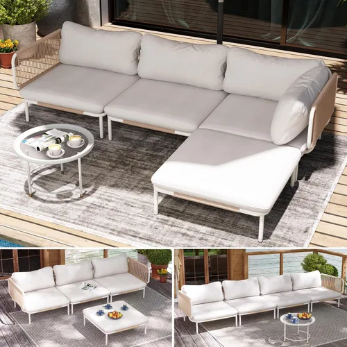 Miniatura 8 de Juego de muebles de patio, muebles de patio al aire libre, sofá seccional de metal de gran tamaño, juego de conversación de 4 asientos con cojín
