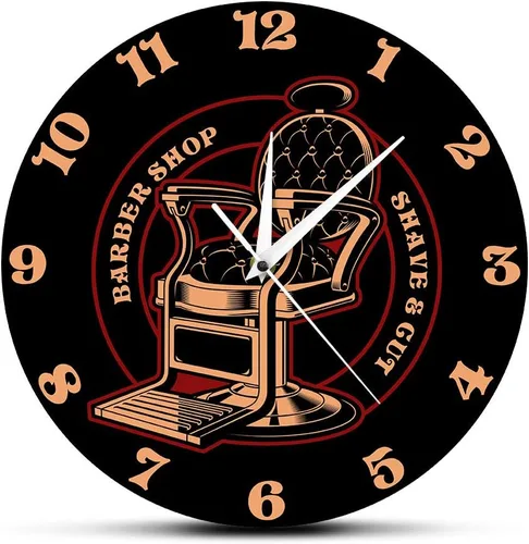 The Geeky Days Silla de barbería con logotipo vintage, reloj de pared impreso silencioso, decoración de peluquería, reloj de pared colgante, gran