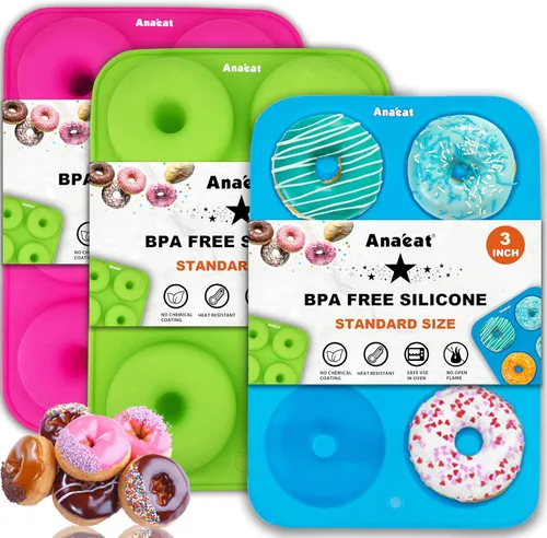 Miniatura 8 de Anaeat Paquete de 2 moldes de silicona para hornear donas, simplemente sácalos. Moldes antiadherentes para hornear donuts sin BPA para 6 donas