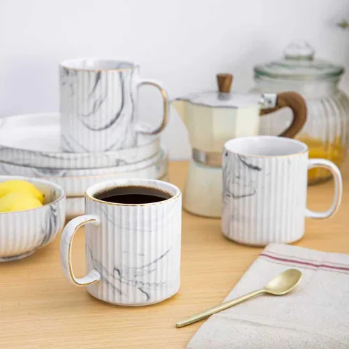 Miniatura 5 de Juego de 6 tazas de café de 14 onzas a 13.5 fl oz, tazas apilables, con patrones de textura, taza de cerámica para hombres y mujeres, apto para café