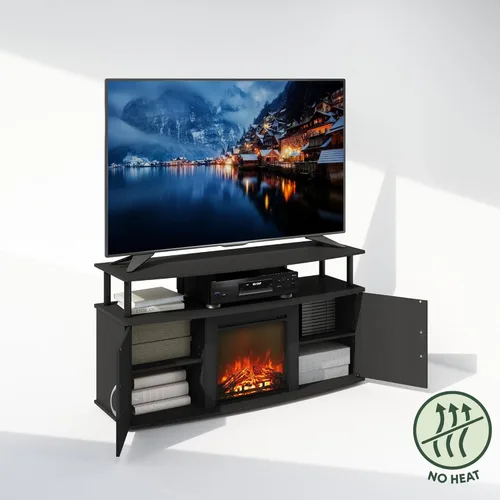 Miniatura 4 de Furinno Jensen - Soporte para TV con chimenea y centro de entretenimiento con almacenamiento abierto para TV de hasta 55 pulgadas, color gris roble
