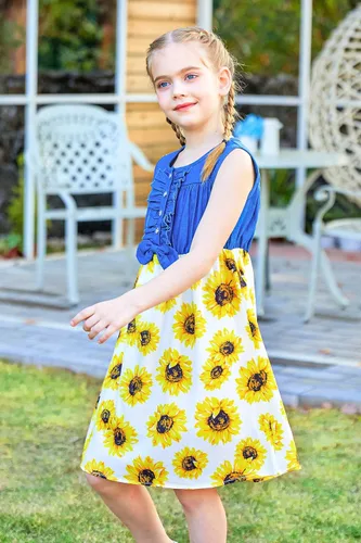 Miniatura 4 de Enlifety - Vestidos de princesas para niñas pequeñas, sin mangas, blusa de mezclilla y faldas de tutú con estampado floral, vestido de verano de una