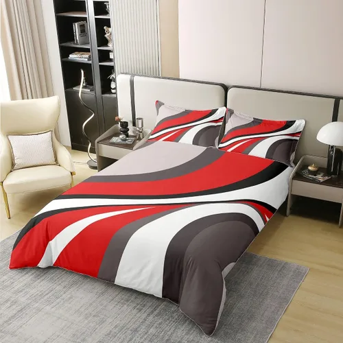 Miniatura 3 de Erosebridal Juego de ropa de cama geométrica de 100 % algodón, tamaño individual, funda de edredón de remolinos rojos, blancos y grises, funda