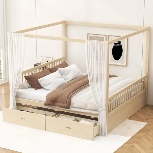 Miniatura 8 de Cama con dosel de metal, con plataforma de 4 postes de Coner con cabecera entrecruzada y estribo, tamaño Queen
