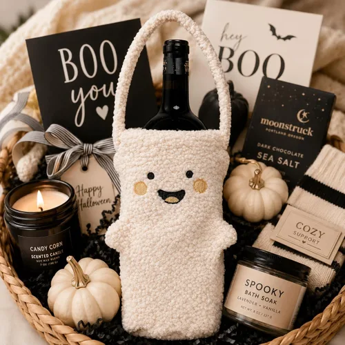Miniatura 8 de Pearhead Soporte para botella de vino fantasma de Halloween, bolsa de regalo reutilizable de sherpa de felpa con cara sonriente y asa - Lindo regalo