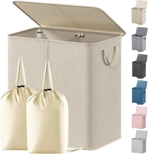 Miniatura 16 de Lifewit Cesta de lavandería doble con tapa y bolsas de lavandería extraíbles, gran plegable, 2 divisores, cesta de ropa sucia con asas para Negro