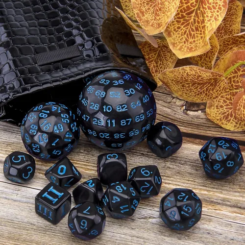 Miniatura 4 de AUSTOR Juego completo de dados poliédricos D3-D100 de 15 piezas con una bolsa de almacenamiento de cuero con cordón para juegos de mesa