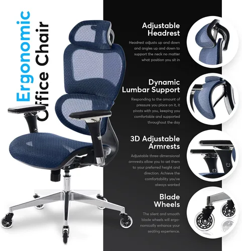 Miniatura 4 de Oline ErgoPro Silla de oficina ergonómica – Silla de escritorio con reposa-brazos ajustable en 4D, soporte lumbar 3D y ruedas delgadas – Silla