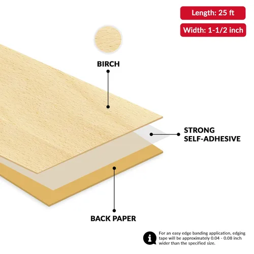 Miniatura 2 de Abedul 1 1/2 pulgadas x 25 pies Cinta de chapa de bandas de borde, cinta adhesiva para bordes de revestimiento de borde de moldura de tira de vinilo