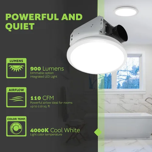 Miniatura 3 de Homewerks 7141-110 Ventilador de baño con luz LED integrada para montaje en techo, ventilación de escape 2.0 Sones 110 CFM, blanco Redondo 110 CFM