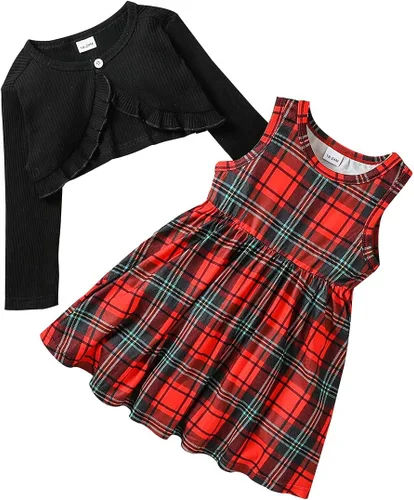 YWFSHOP Vestido de Navidad para niñas pequeñas y bolero con estampado lindo y cárdigan de punto, 2 piezas, vestido de fiesta de Papá Noel, 1-6 años