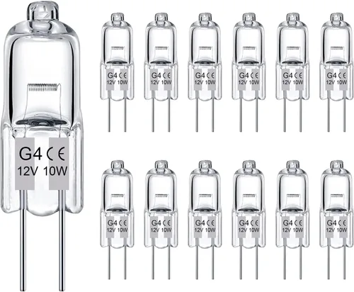 Bombillas G4, paquete de 12 bombillas halógenas G4 de 12 V 10 W transparentes de cristal con 2 pines, foco JC T3 de cápsula de dos pines para luz de