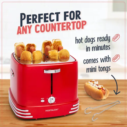 Miniatura 4 de Nostalgia Tostadora de 4 ranuras para perritos calientes y panecillos con pinzas mini, tostadora de hot dogs funciona con pollo, pavo, salchichas