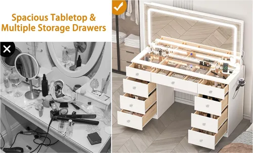 Miniatura 6 de JassmiPkwy Escritorio de maquillaje de 46 pulgadas con espejo, mesa de tocador de cristal con luces, cajones, toma de corriente, escritorio