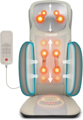 Heycool Shiatsu Masajeador de cuello y espalda con calor, almohadilla de masaje mejorada 2025 con ajuste de altura, compresión, vibración,