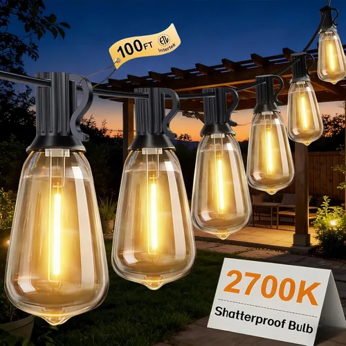 Miniatura 12 de Guirnalda de luces para exteriores de 25 pies, luces impermeables para patio con bombillas Edison ST38 vintage inastillables, luces colgantes