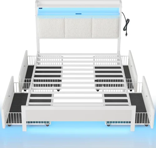 Miniatura 19 de Rolanstar Armazón de cama tamaño completo con estación de carga y luces LED, cabecera de almacenamiento tapizada con cajones, listones de metal