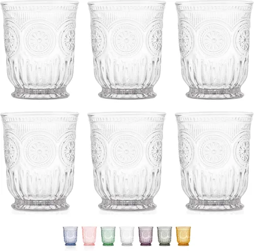 Vasos pequeños vintage transparentes para beber, juego de 6 vasos de vidrio de 8 onzas con un diseño único con base y diseño de vidrio prensado