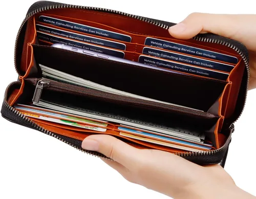 Miniatura 10 de VISOUL Cartera larga de cuero con cremallera para hombres y mujeres con bloqueo RFID, cartera larga de embrague grande con cremallera, Negro