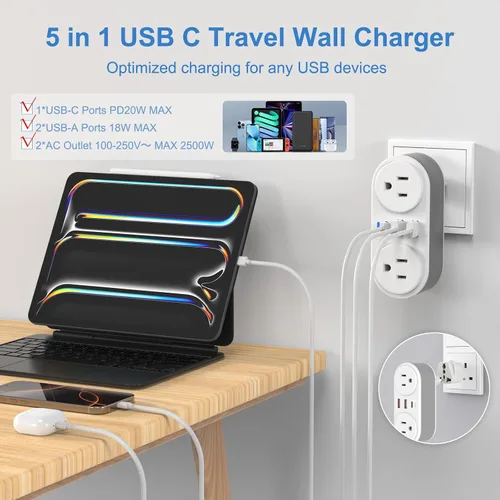 Miniatura 3 de Adaptador de enchufe de viaje europeo para Europa y Reino Unido, cargador rápido PD de 20 W con 2 tomacorrientes, 3 puertos de carga USB, adaptador
