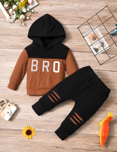 Miniatura 4 de AGAPENG Conjunto de ropa de manga larga con capucha y estampado de letras pantalones rasgados para otoño e invierno