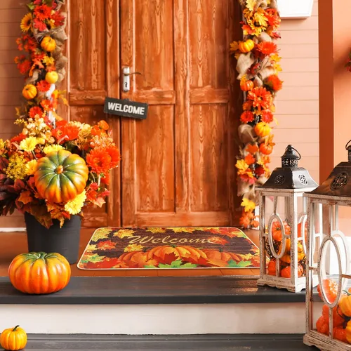 Miniatura 7 de Quera Tapete de bienvenida de calabaza para interiores y exteriores, dormitorio, cocina, hojas de arce otoñales, tapete de bienvenida para entrada