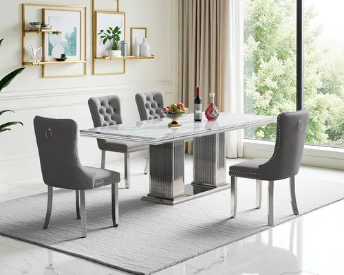 Miniatura 79 de Moderno juego de mesa de comedor de mármol sintético de 68.11 pulgadas para 6, mesa de comedor de mármol blanco y plateado con 6 sillas de Blanco