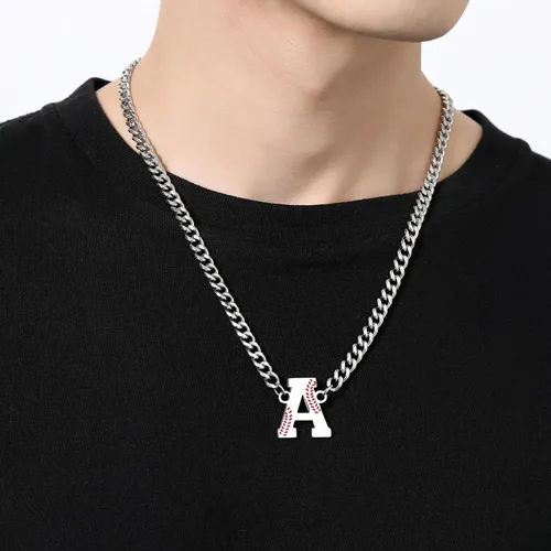 Miniatura 2 de QINJIEJIE Collar de béisbol inicial A-Z con letras, accesorios deportivos, colgante de encanto de béisbol, joyería de cadena de acero inoxidable 2-P