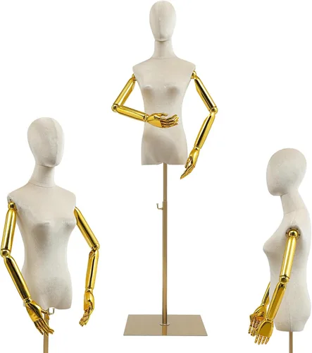 Forma de vestido femenino con brazo dorado, cuerpo de terciopelo de maniquí con soporte de metal, torso de exhibición de modelo de vestido femenino