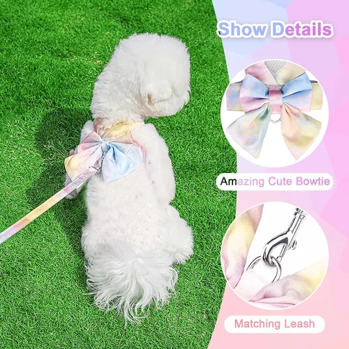 Miniatura 6 de PETCARE Elegante juego de arnés y correa con moño para perros, arnés de arcoíris elegante para cachorros sin tirón, arnés de malla suave