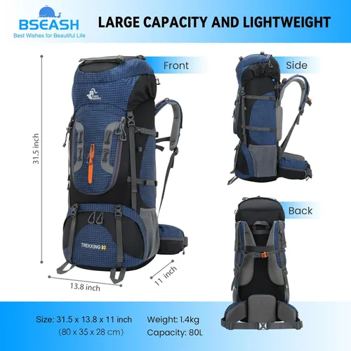 Miniatura 2 de Bseash Mochila impermeable de 80 L para senderismo y campamento con cubierta para lluvia, ligera, para deportes al aire libre, para escalar, turismo