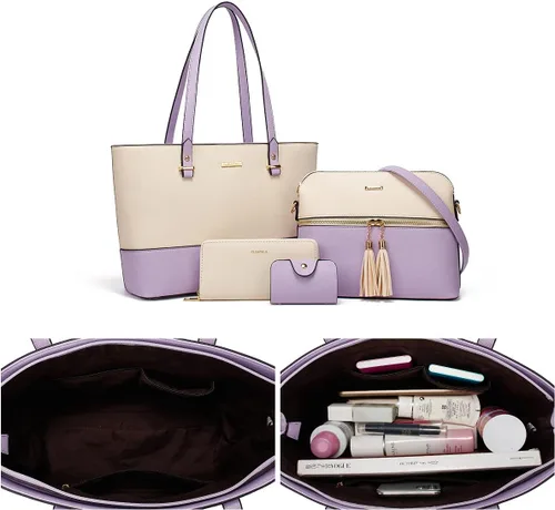 Miniatura 119 de Juego de 4 bolsas modernos para mujer de cuero sintético: bolso tote, bolso de hombro, bolso de mano y cartera.