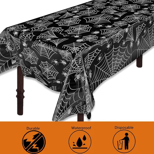 Miniatura 5 de ATFUNSHOP Mantel de plástico de Halloween, 4 unidades, 54 x 108 pulgadas, mantel rectangular desechable, tela de araña negra, impermeable, a prueba