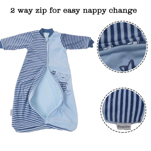 Miniatura 5 de Tog 2.0 - Saco de dormir para niños pequeños, manga larga, terciopelo de algodón, cálido saco de dormir con brazos para bebé, 4 estaciones, Azul