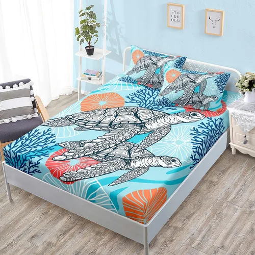 Miniatura 20 de HOSIMA Juego de sábanas bajeras con temática de tortuga marina, diseño de playa costera, para decoración de habitación de niños, adolescentes