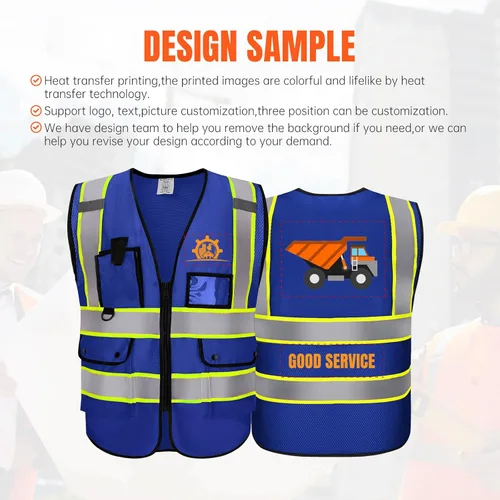 Miniatura 2 de Chaleco Reflectante Clase 2 de Seguridad ANSI con Bolsillos y Cremallera de Alta Visibilidad Uniforme de Construcción K-azul