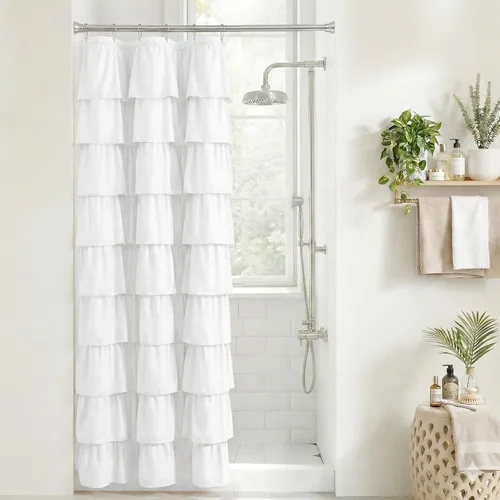 Miniatura 20 de Cortina de ducha Seasonwood de tela blanca con volantes, cortina de ducha estilo granja, cortinas de ducha de 72 x 84 pulgadas con botones y Blanco