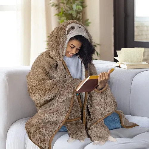 Miniatura 5 de Manta con Capucha Usable de Perezoso para Adultos - Pelaje Sintético Esponjoso Súper Suave y Desgreñado, Forro Polar Peludo Difuso Cálido Acogedor