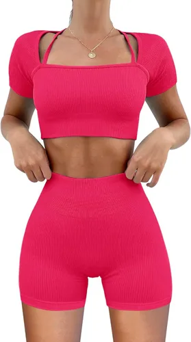 OLCHEE Conjunto de entrenamiento sexy para mujer, 2 piezas, pantalones cortos de cintura alta, sin costuras, leggings y sujetador deportivo, ropa de