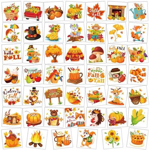 HOWAF 96 tatuajes temporales de otoño para niños, tatuajes faciales de cosecha de otoño para bienvenida, otoño, hola, suministros de decoración de